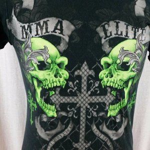 MMA Elite Mens Sm Black Tee Shirt with Green Skulls Cross Front and Back Design